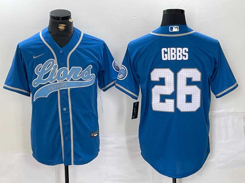 Men%27s Detroit Lions #26 Jahmyr Gibbs Blue With Patch Cool Base Stitched Baseball Jersey